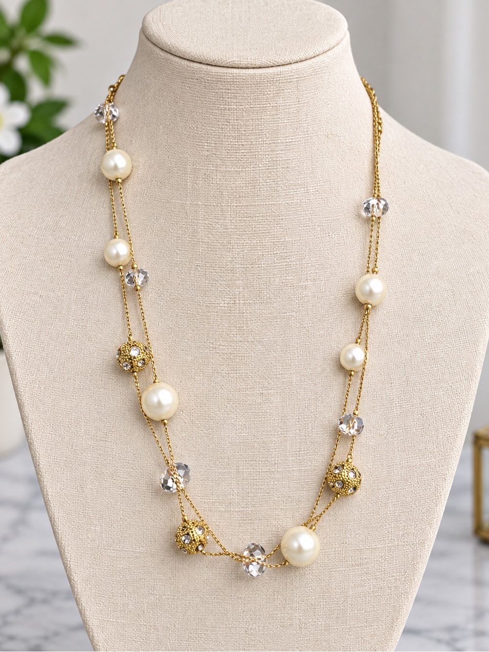 Gold Pearl and Crystal Long Necklace - Women Jewelry